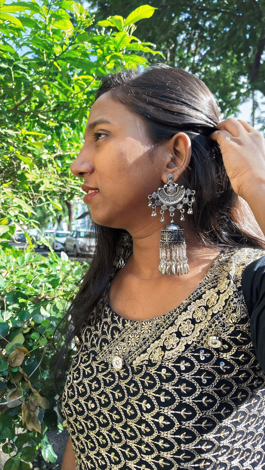 Elegant Oxidised Silver Chandbali Jhumka Earrings